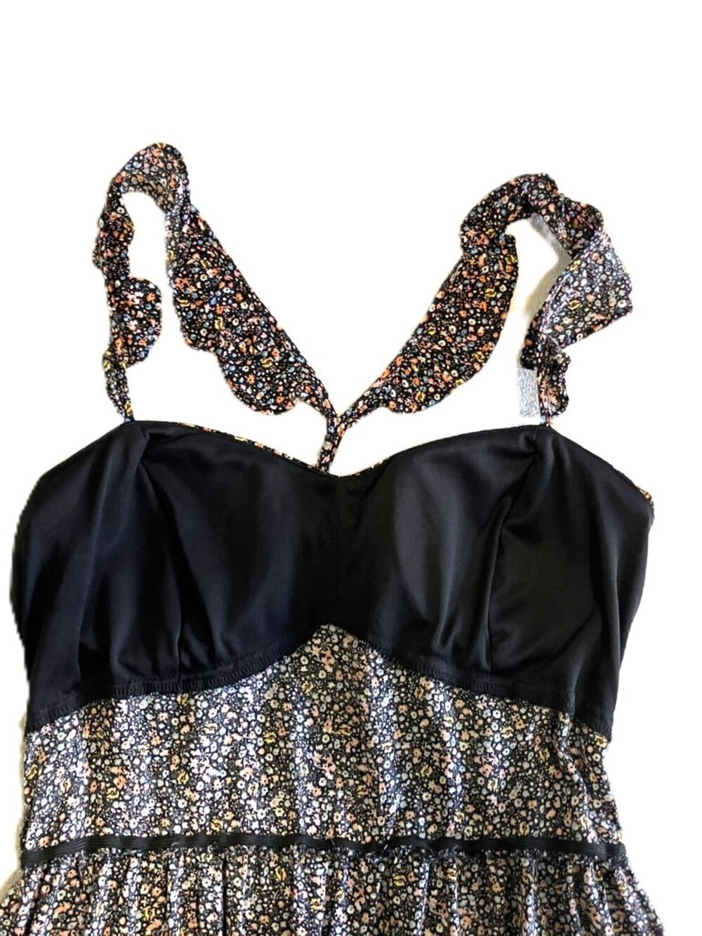 A.U.W. Floral Mini Dress Black Size XL Smocked Ruffle Straps Stretchy - Picture 8 of 11